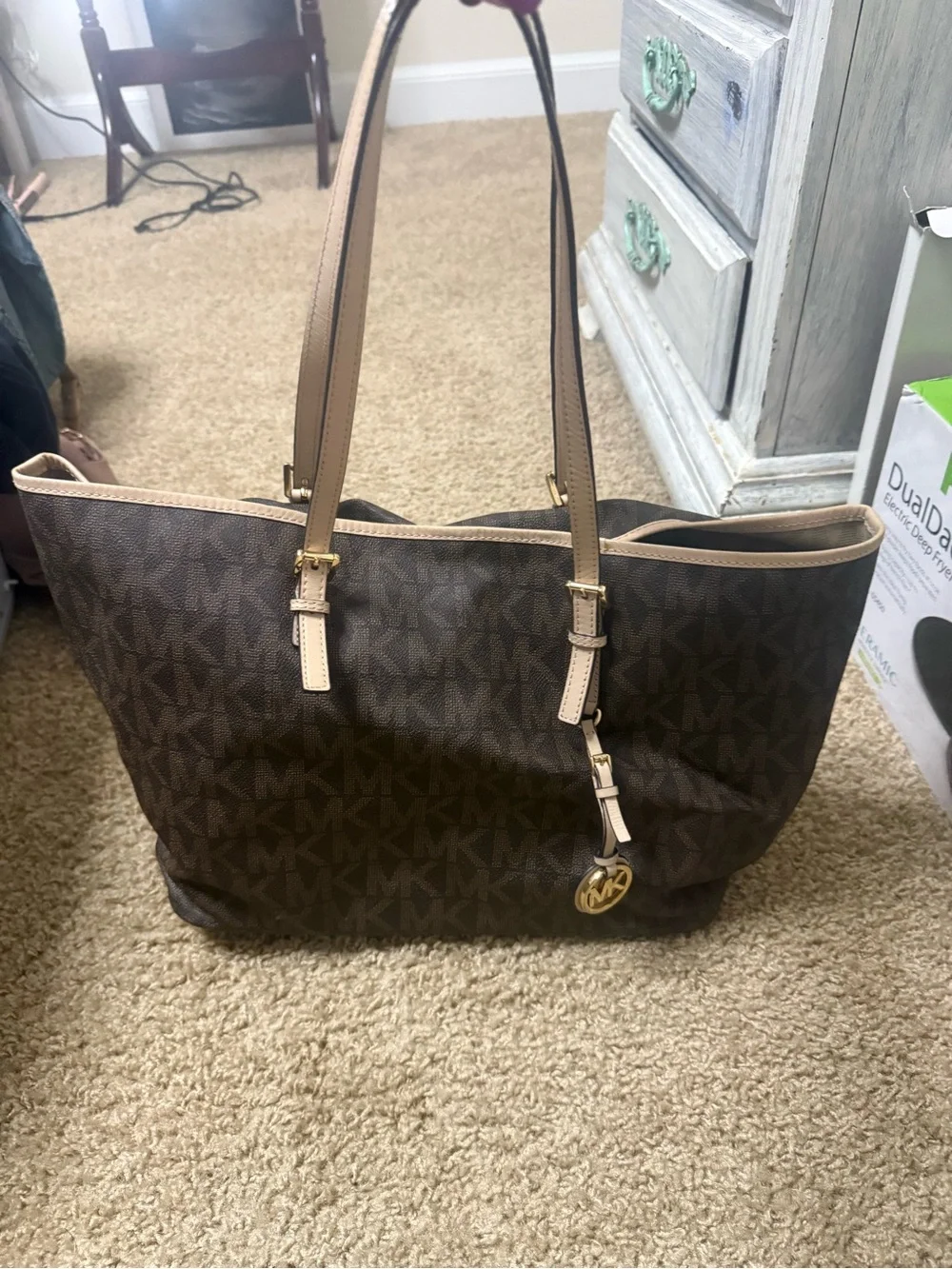 Michael Kors Brown Signature Logo Tote with Tan Trim and MK Charm